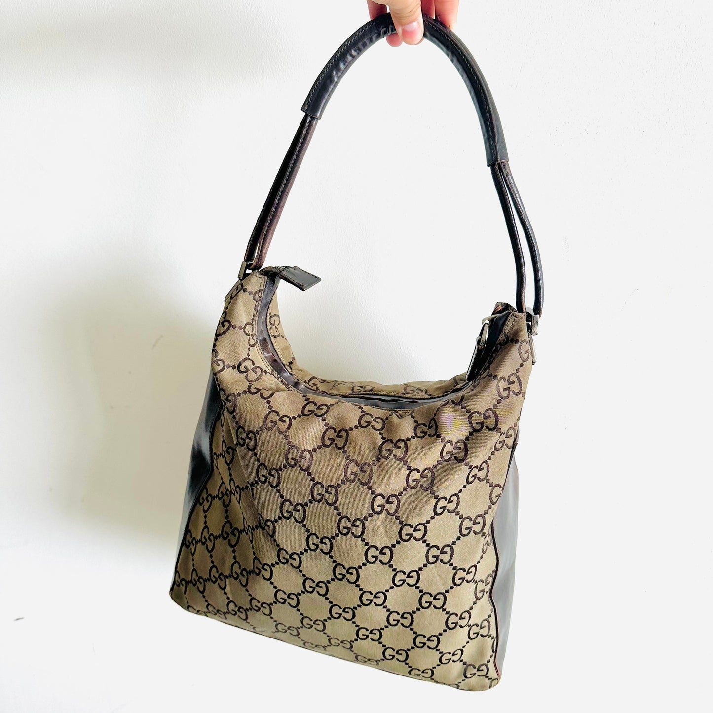 Gucci Beige / Brown Giant GG Monogram Logo Hobo Baguette Shoulder Bag