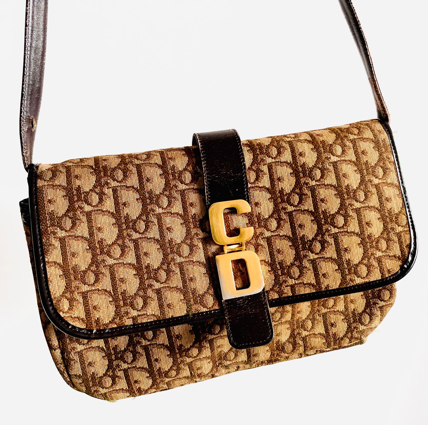 Christian Dior CD Brown Oblique Monogram Logo Small Vintage Shoulder Sling Bag