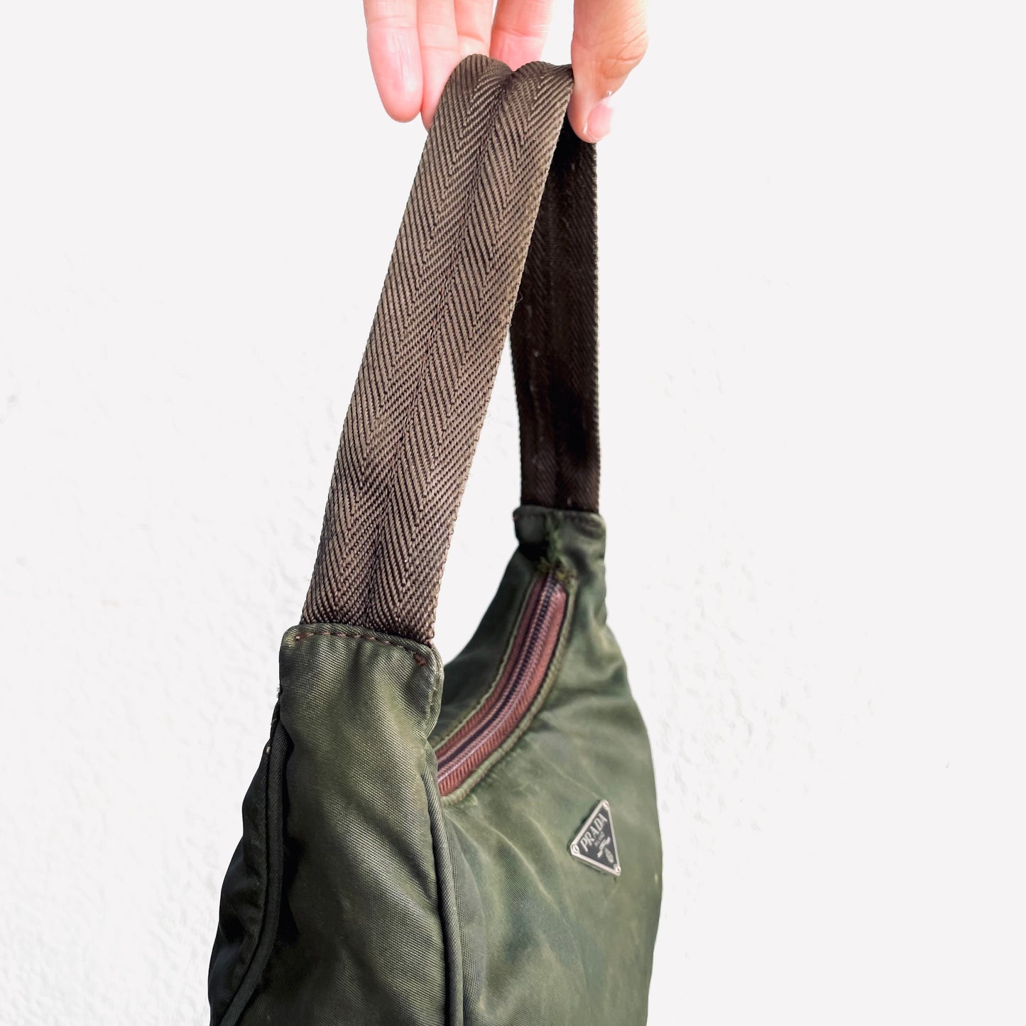 Prada Dark Khaki Tessuto Classic Logo Nylon Hobo Pochette Shoulder Bag